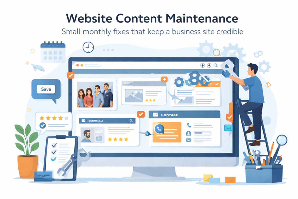 Website content maintenance illustration showing page sections being refreshed