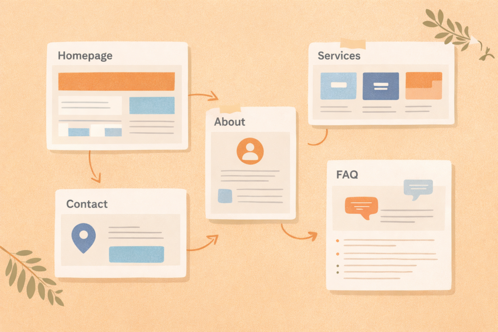 Website content writing for small business with essential pages mapped visually