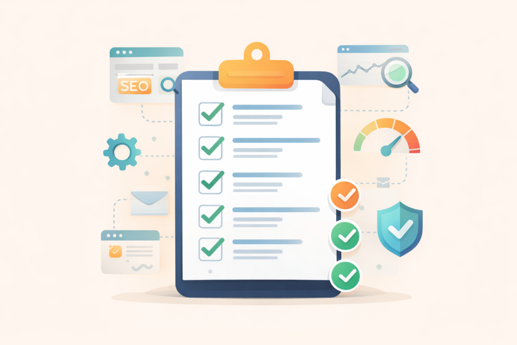 Website launch checklist covering forms analytics SEO performance and security