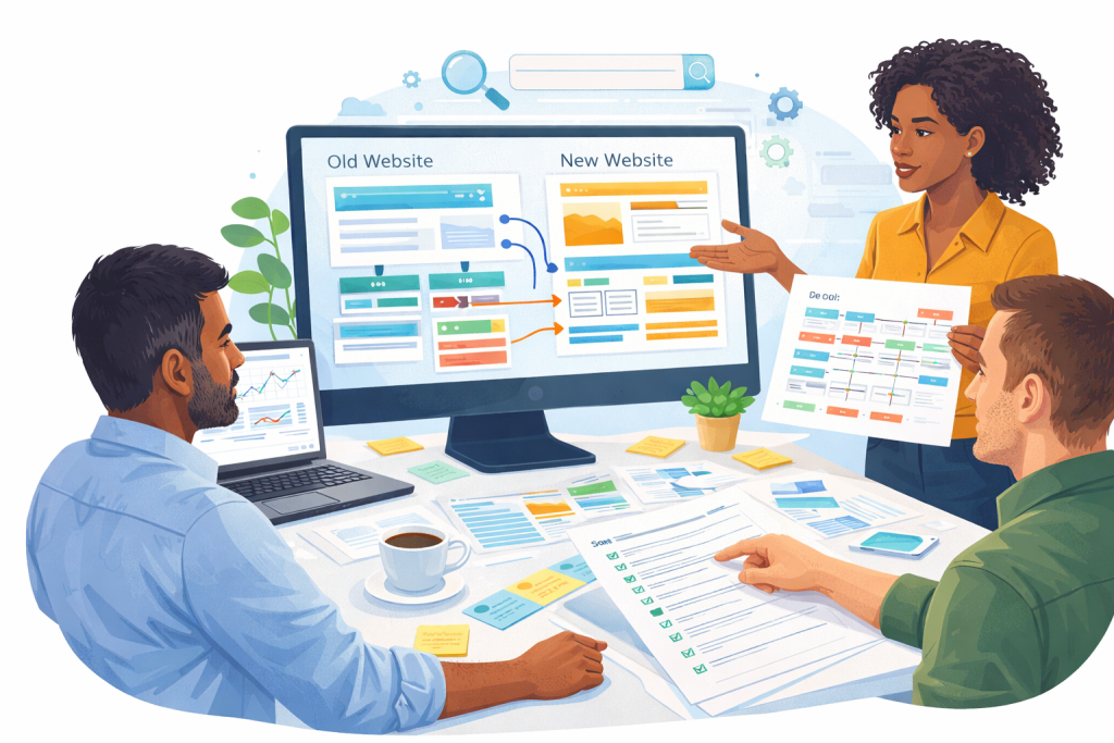 Website migration SEO checklist showing redirect planning and page mapping