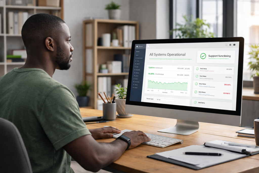 Website uptime monitoring for small business on a desktop dashboard in a modern office