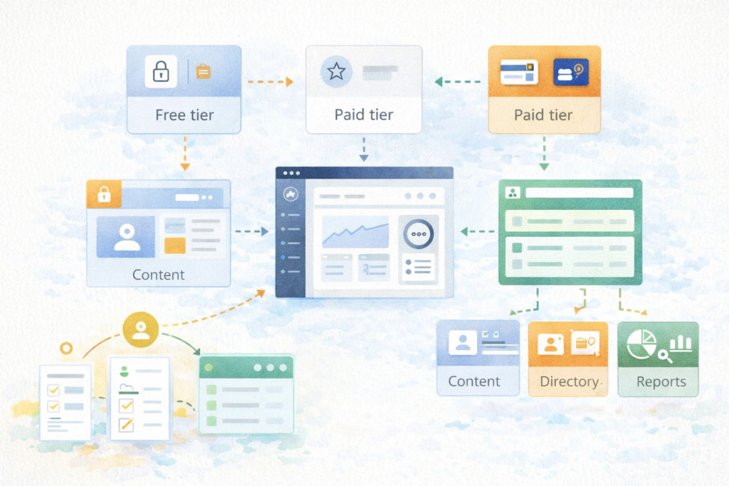 WordPress membership plugin development illustration for tiered access and member journeys