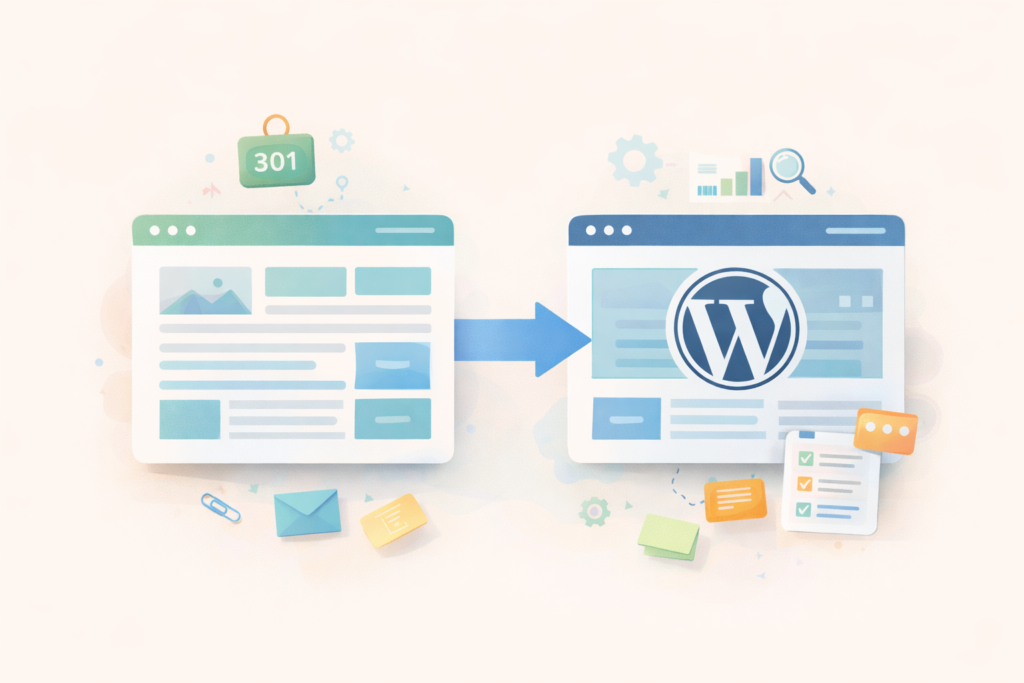 WordPress website migration checklist showing redirects analytics and forms