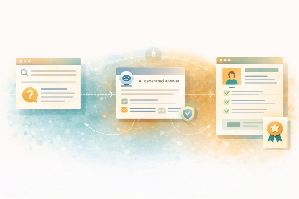 Answer engine optimisation for service businesses illustration showing buyer journey from AI answers to service pages