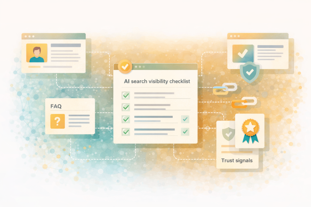 AI search visibility checklist illustration showing connected website fixes and support content