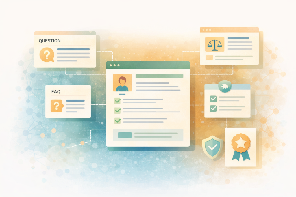 Answer engine optimisation for service businesses illustration showing connected service pages and support content