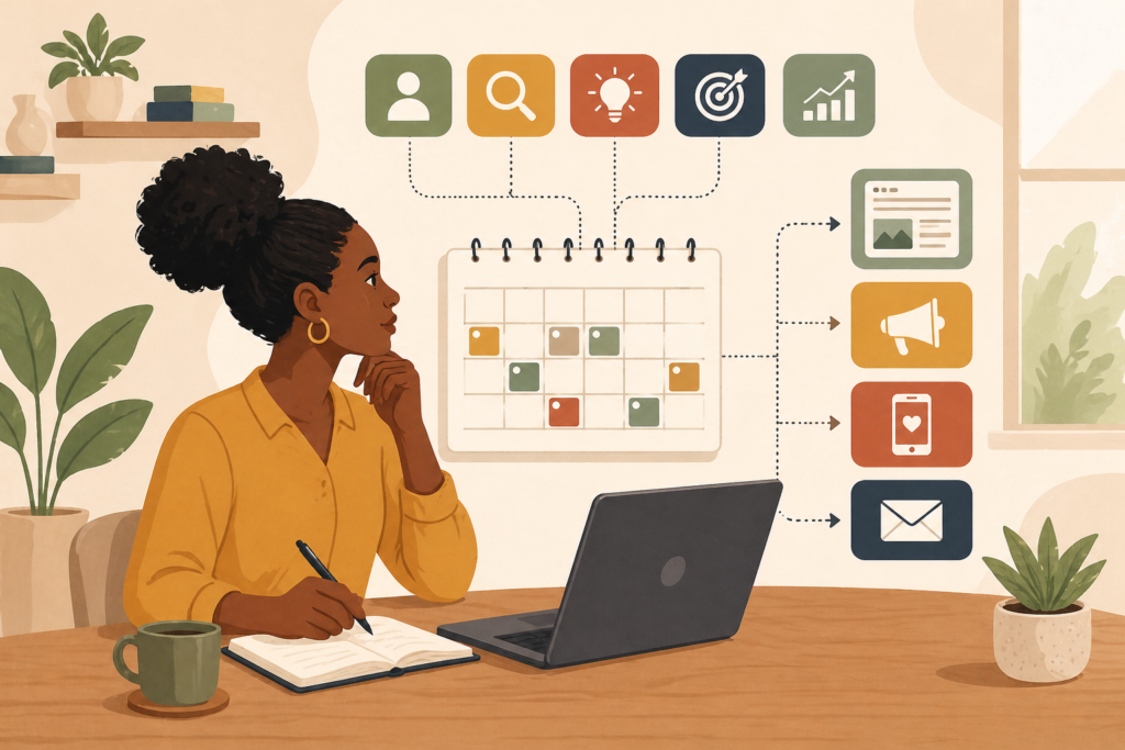 Blog content strategy for small business illustration showing content pillars, keyword planning, and editorial workflow