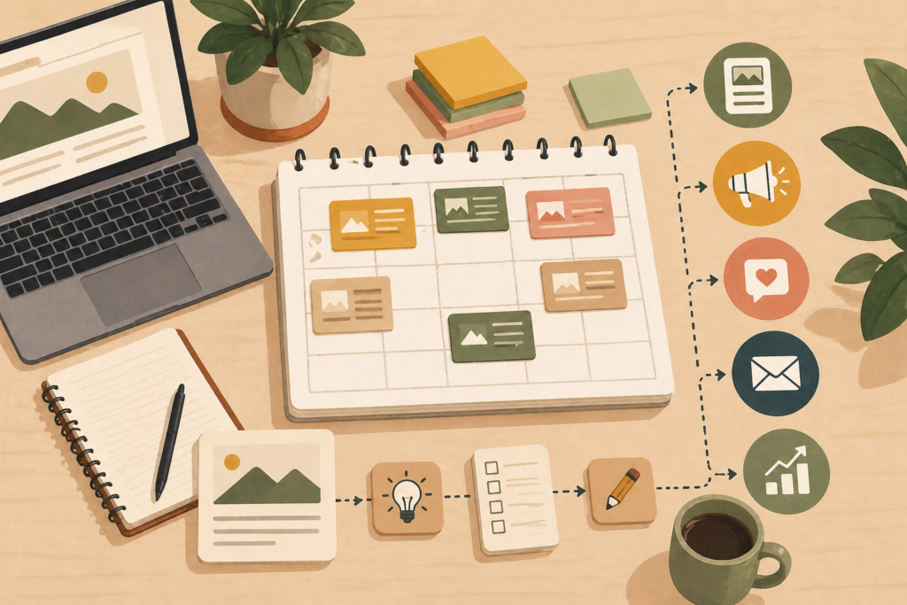 Blog content strategy for small business illustration with editorial calendar and blog planning workflow