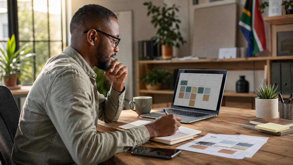 Blog content strategy for small business planning session with laptop, content calendar, and notes