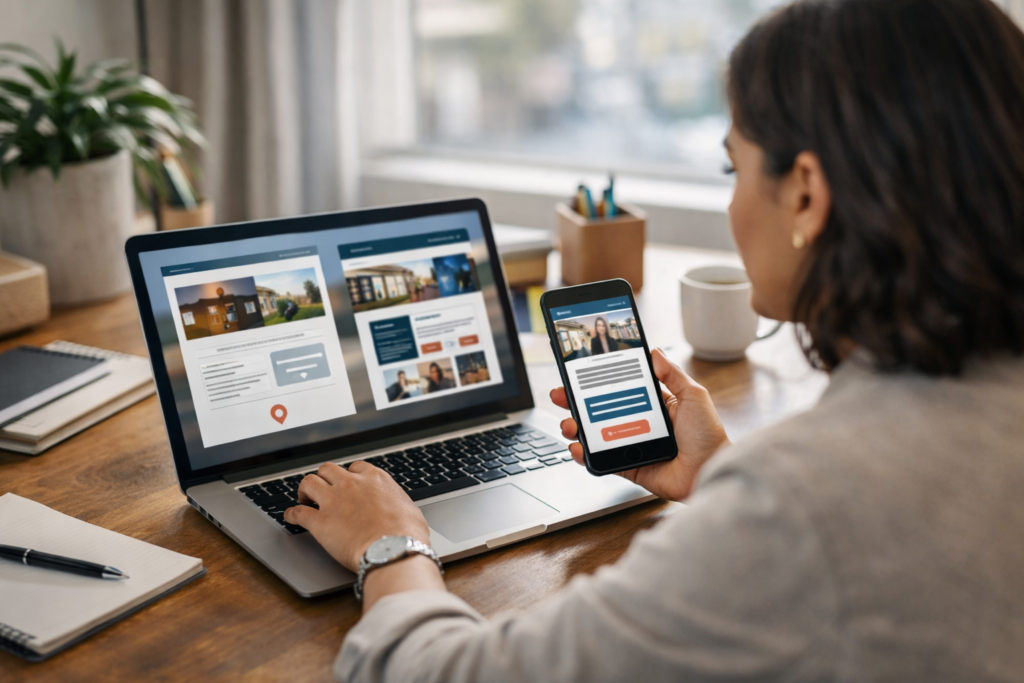 Brochure website vs lead generation website shown on laptop and phone for a small business