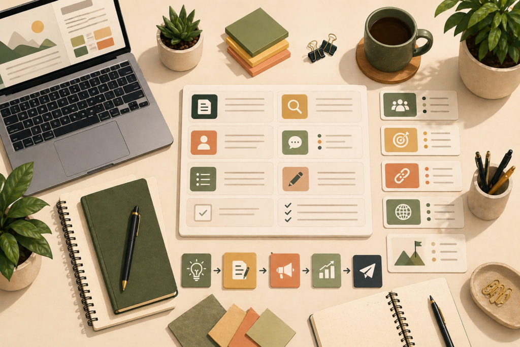 Content brief for blog writers checklist illustration with article cards, keyword planning, and internal linking notes