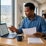 Content brief for blog writers with laptop, notes, article outline, and brand voice planning