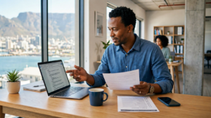 Content brief for blog writers with laptop, notes, article outline, and brand voice planning