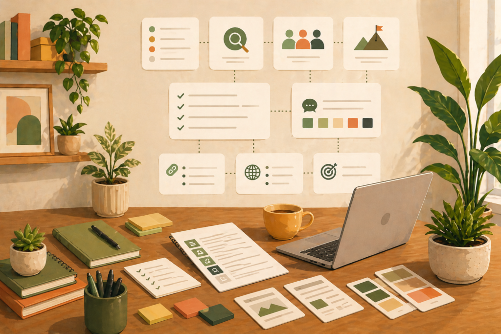 Content brief for blog writers illustration showing article outline, keyword planning, and brand voice guidance