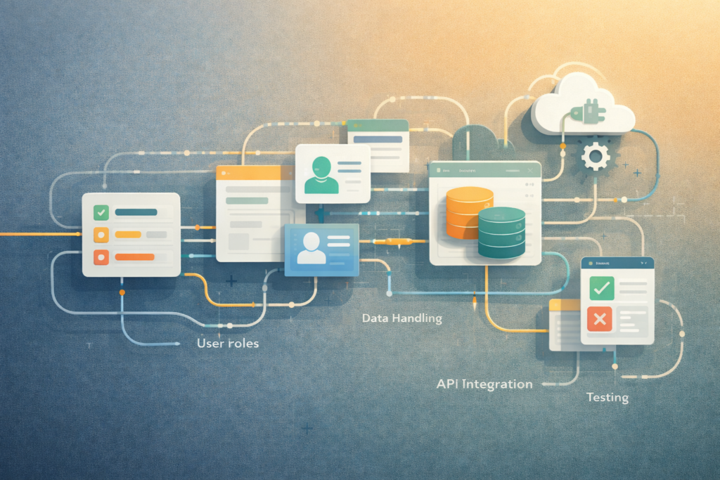 Custom WordPress plugin scope factors shown as connected planning modules