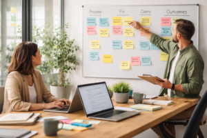 Customer education content for small business planning session in a modern office