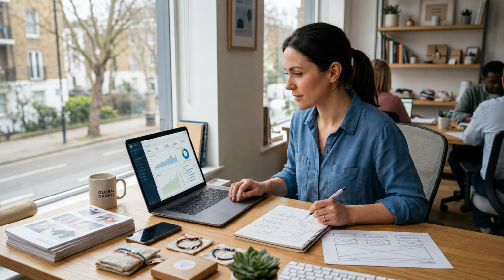 Digital marketing audit for small business with owner reviewing website, analytics, products, and leads
