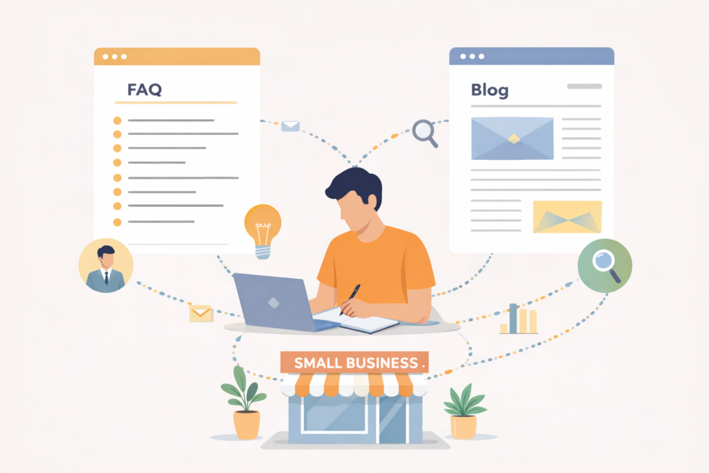 Small business content structure linking blog posts and FAQ pages