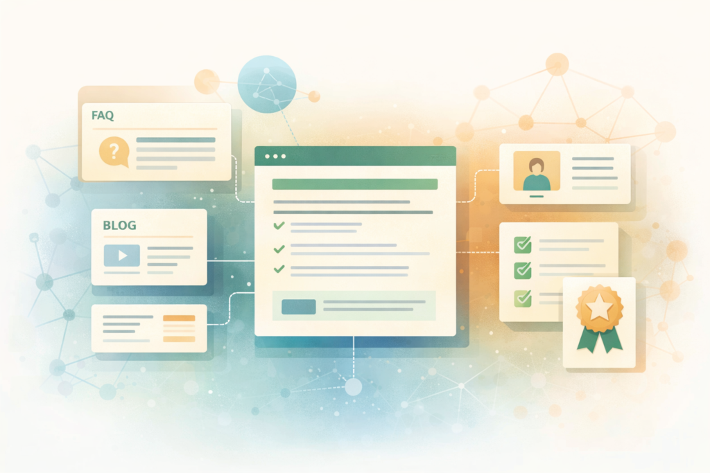 LLM SEO for small business websites illustration showing connected service pages and supporting content