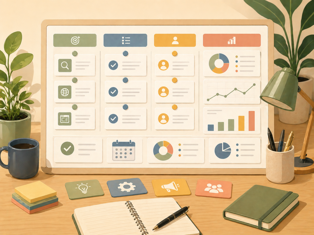 Marketing accountability board with KPIs tasks and monthly priorities