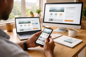 Mobile first website design for small business shown on phone and desktop during website planning