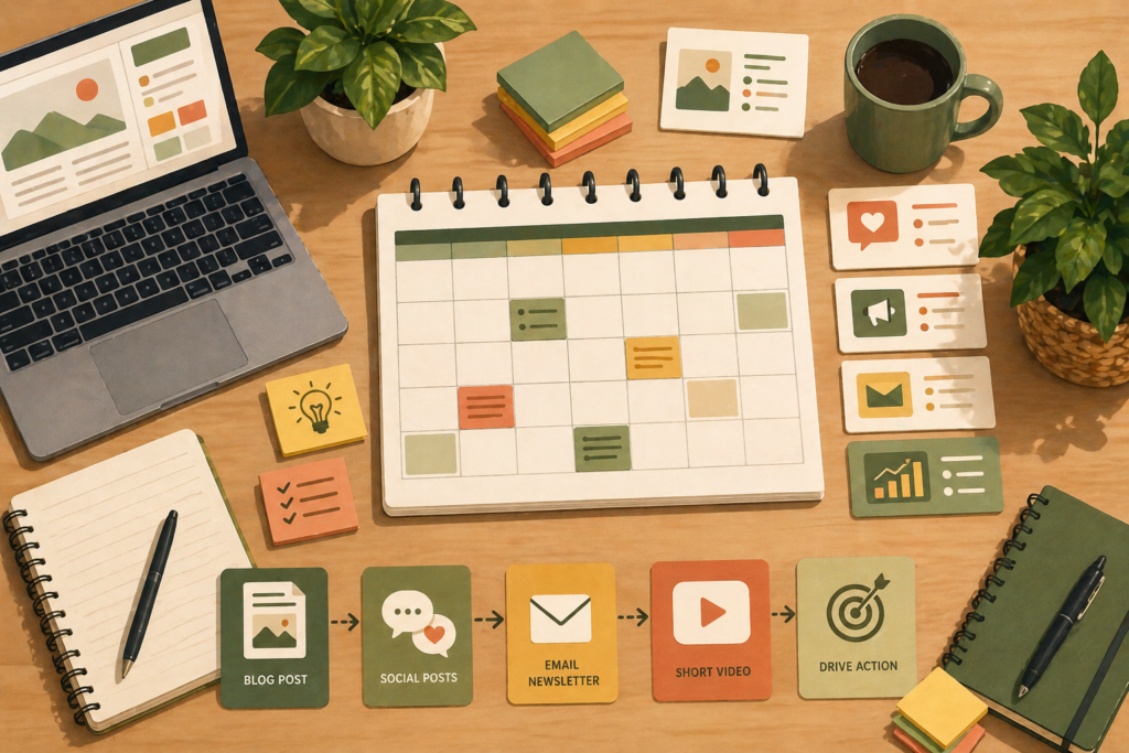 Monthly content plan for small business illustration with editorial calendar and content repurposing layout