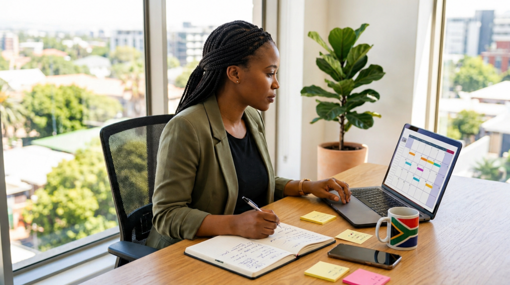 Monthly content plan for small business with calendar, laptop, notebook, and social media planning workspace