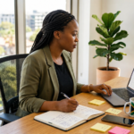 Monthly content plan for small business with calendar, laptop, notebook, and social media planning workspace