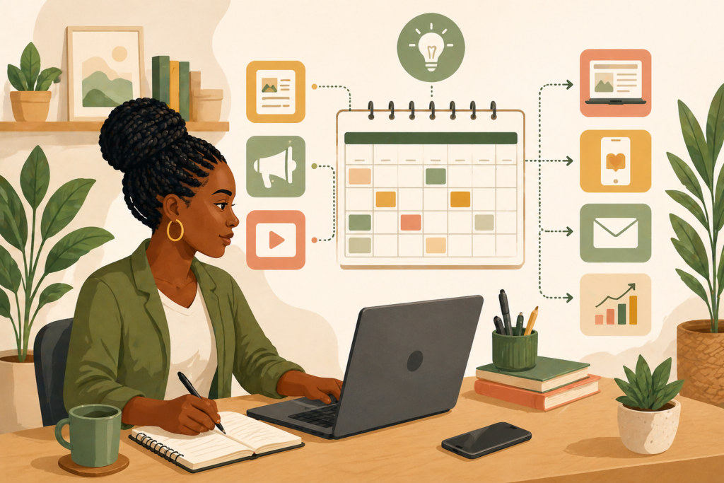 Monthly content plan for small business illustration showing blog, social media, and email content workflow