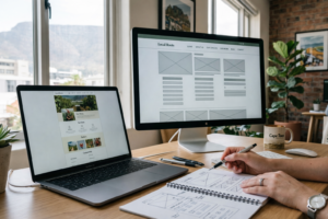 One page website vs multi page website shown on screens for a small business planning a new site