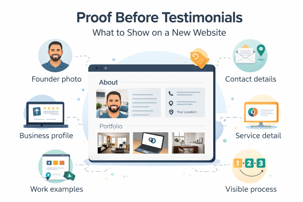 Illustration of a new business website using about and contact details as proof