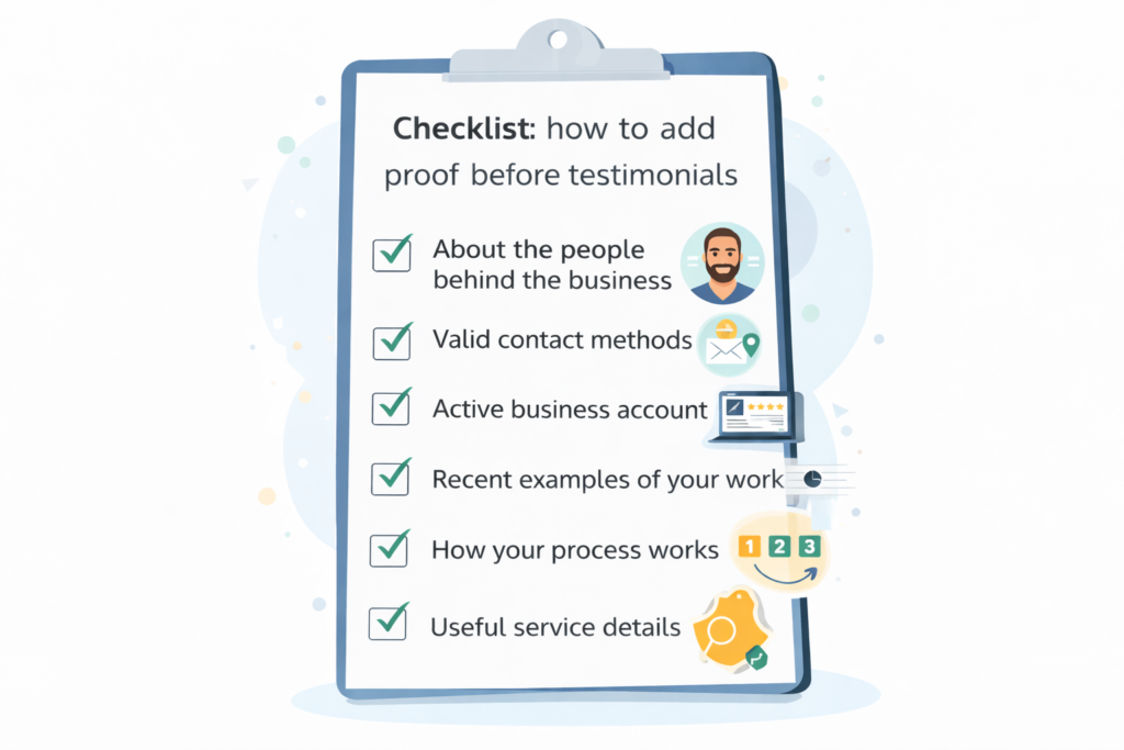 Illustration of work samples and process sections on a new business website