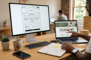 Service page design for small business shown on screens during website planning