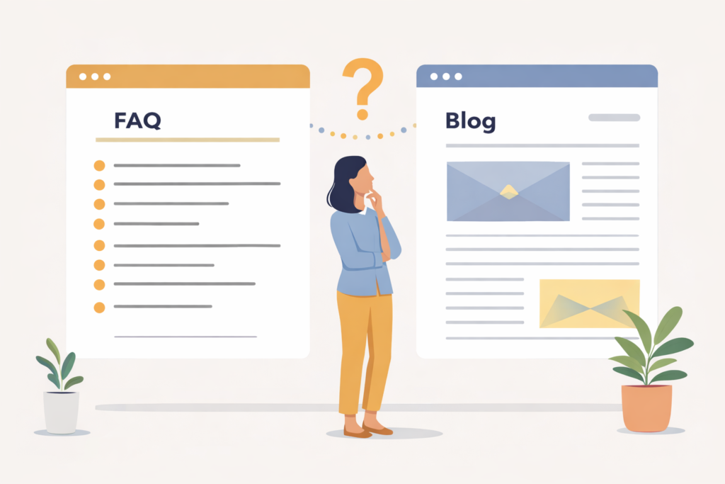 Illustration comparing FAQ page layout and blog post layout