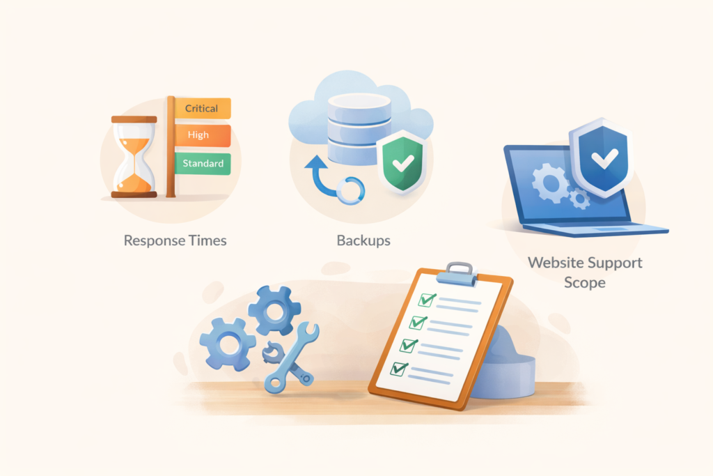 Website maintenance SLA illustration showing response times and support scope