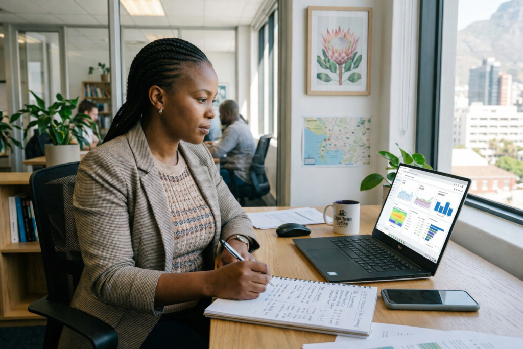 Small business owner planning website redesign ROI on a laptop in Cape Town