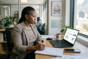 Small business owner planning website redesign ROI on a laptop in Cape Town