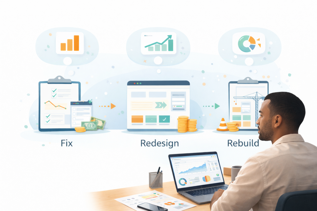 Illustration comparing fix, redesign, and rebuild options for a business website