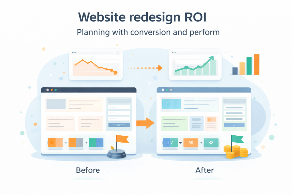 Illustration of website redesign ROI planning with conversion and performance cues