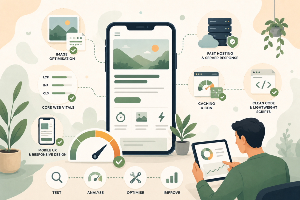 Mobile page speed testing illustration with Core Web Vitals and optimisation icons