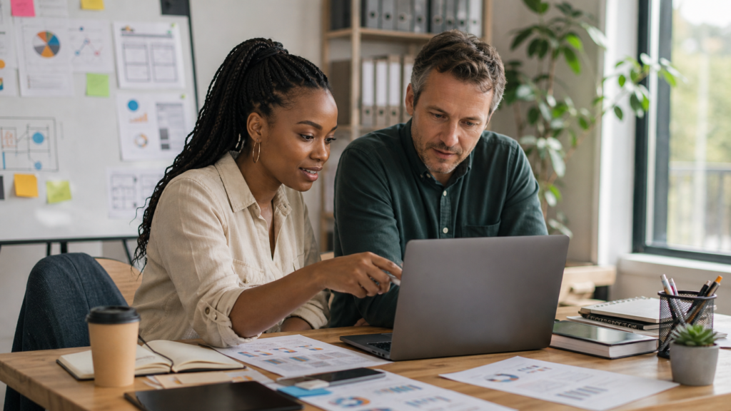 Part-time digital marketing manager reviewing monthly priorities with a small business owner