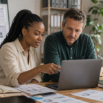 Part-time digital marketing manager reviewing monthly priorities with a small business owner