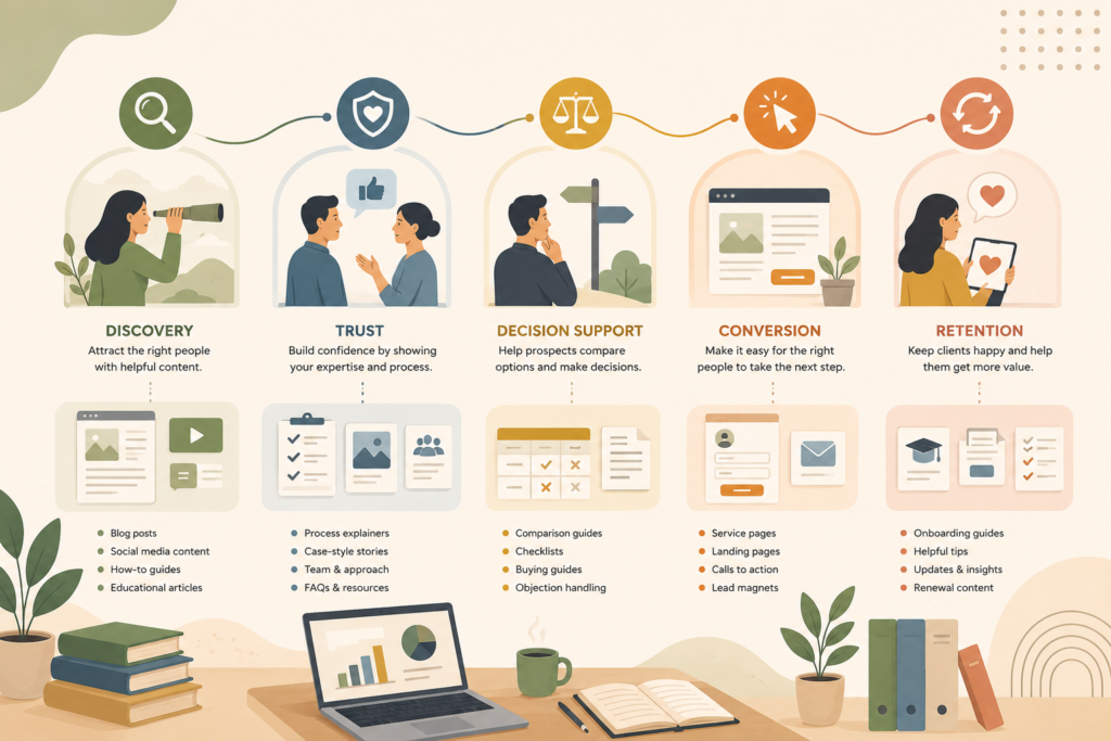 Service business content framework for discovery trust decision conversion and retention