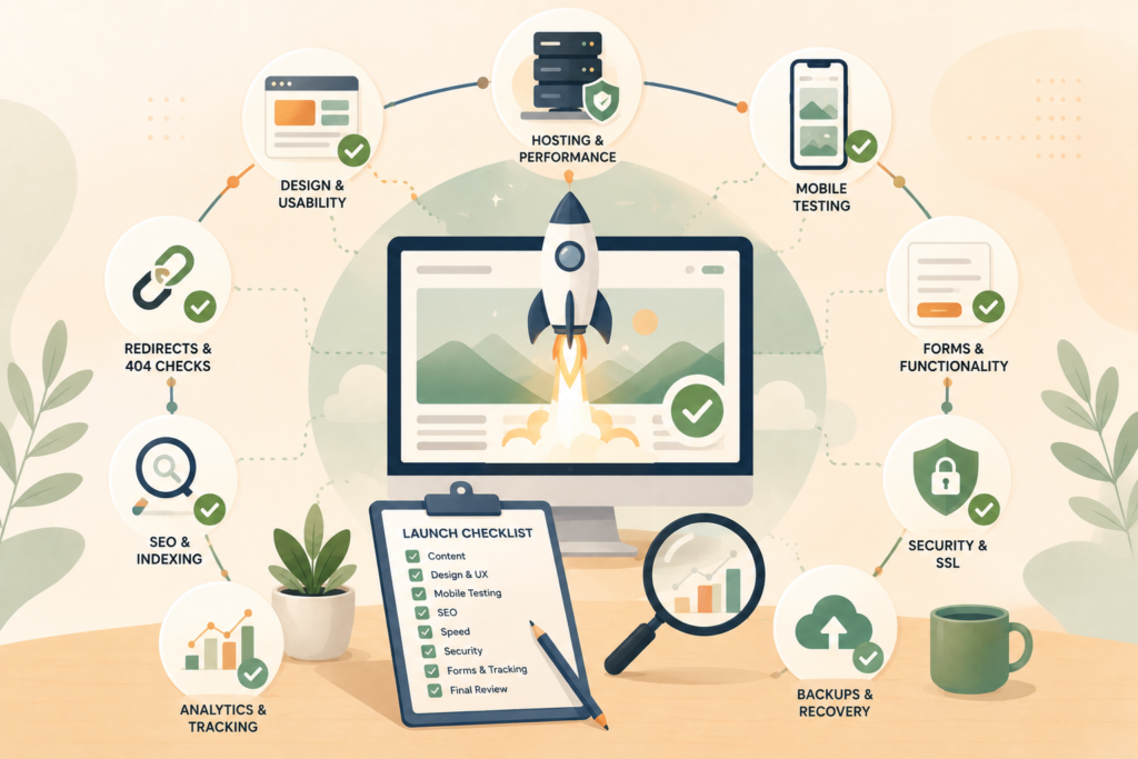Small business website launch testing with SEO, analytics, security, and mobile checks