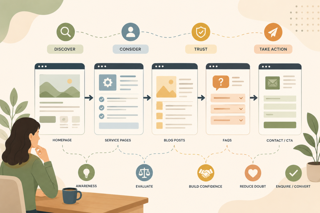 Website content writing flow connecting service pages and blogs