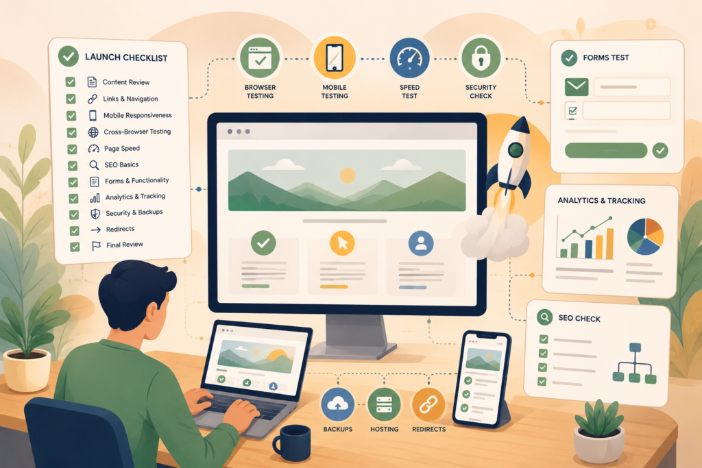 Website QA checklist showing mobile testing, forms, SEO, and speed checks