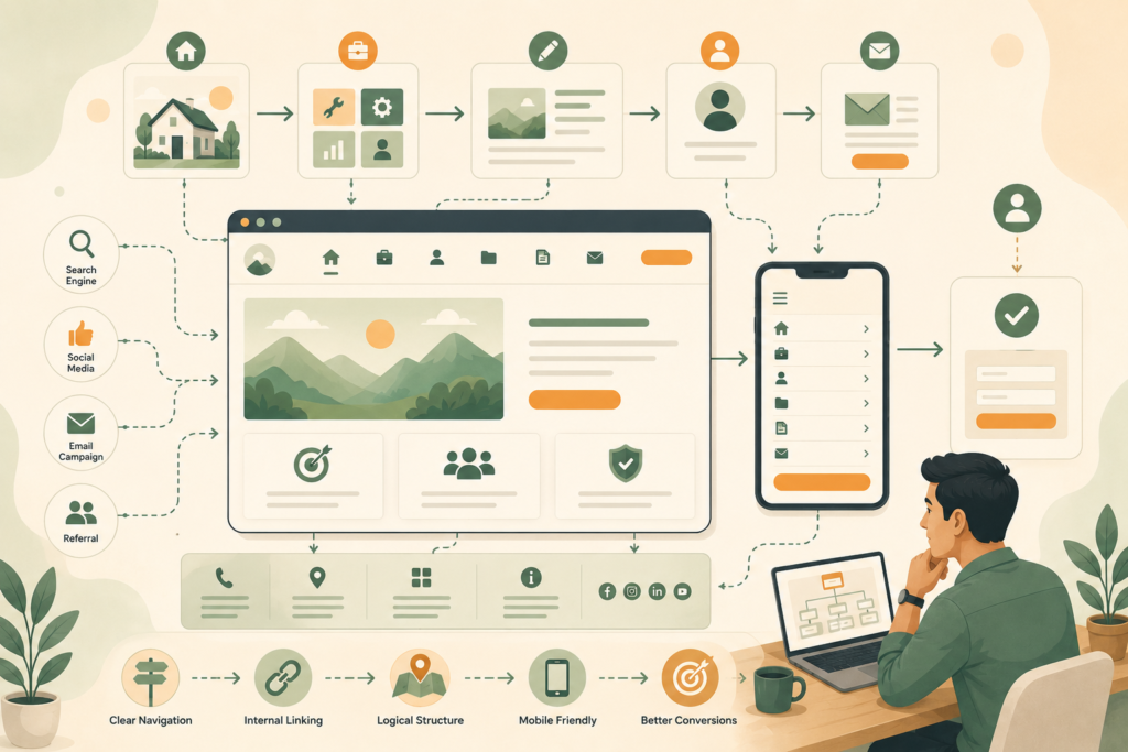 Website user journey navigation map showing internal links and calls to action