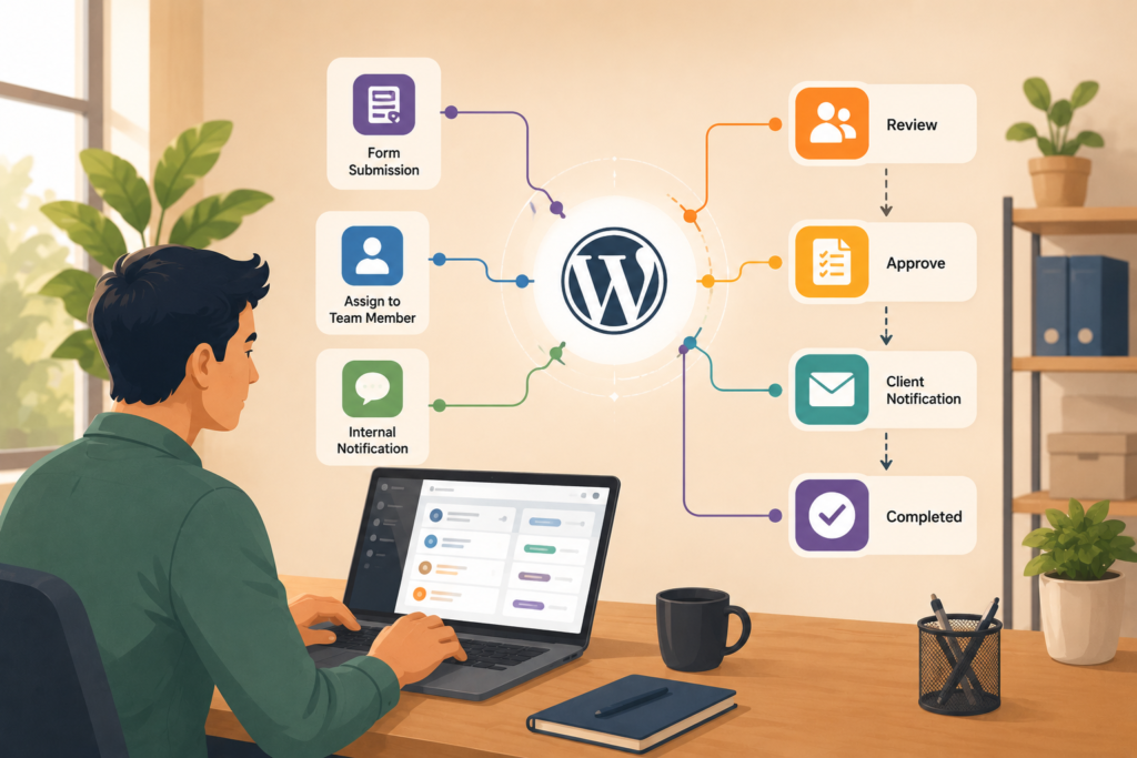 WordPress admin automation workflow with approvals and notifications