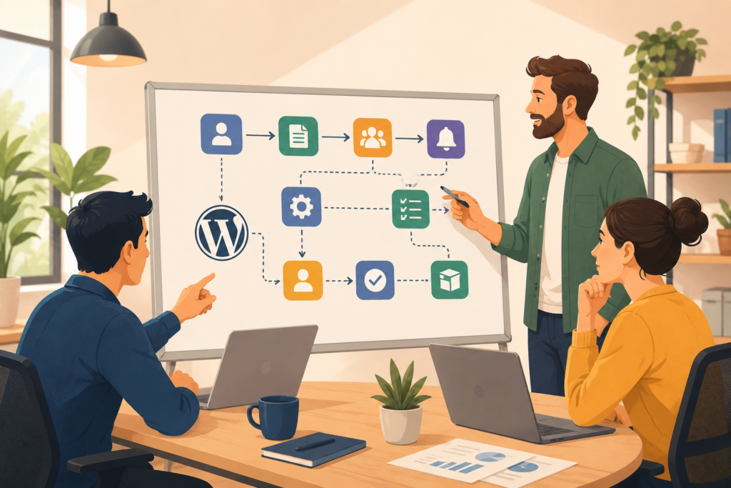 Team planning a WordPress workflow plugin for custom admin automation