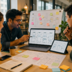 App prototype before development being reviewed by a founder and product team
